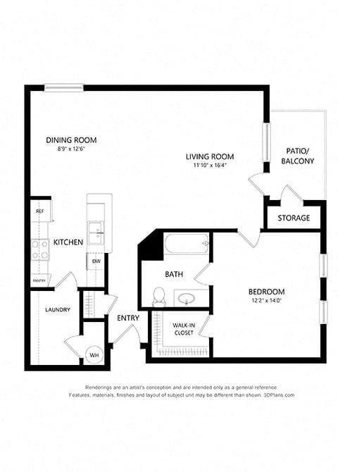 Floor plan for 1 bed, 1 bath, 975 sqft